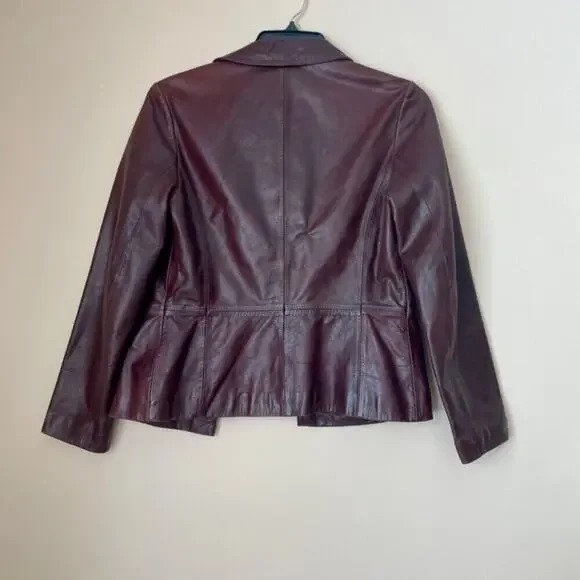 Y2K 90’s CHEVIGNON TRUCKER JACKET BLAZER COW GRAIN LEATHER MAROON SZ L VERSATILE - Picture 8 of 16